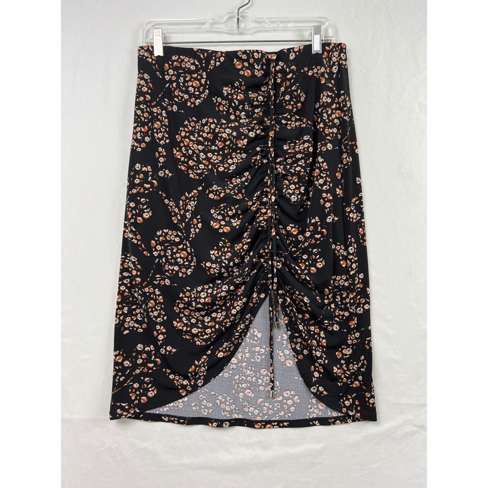 White House Black Market Midi Skirt Womens Size M Black Floral Ruched Front Slit - Picture 1 of 8